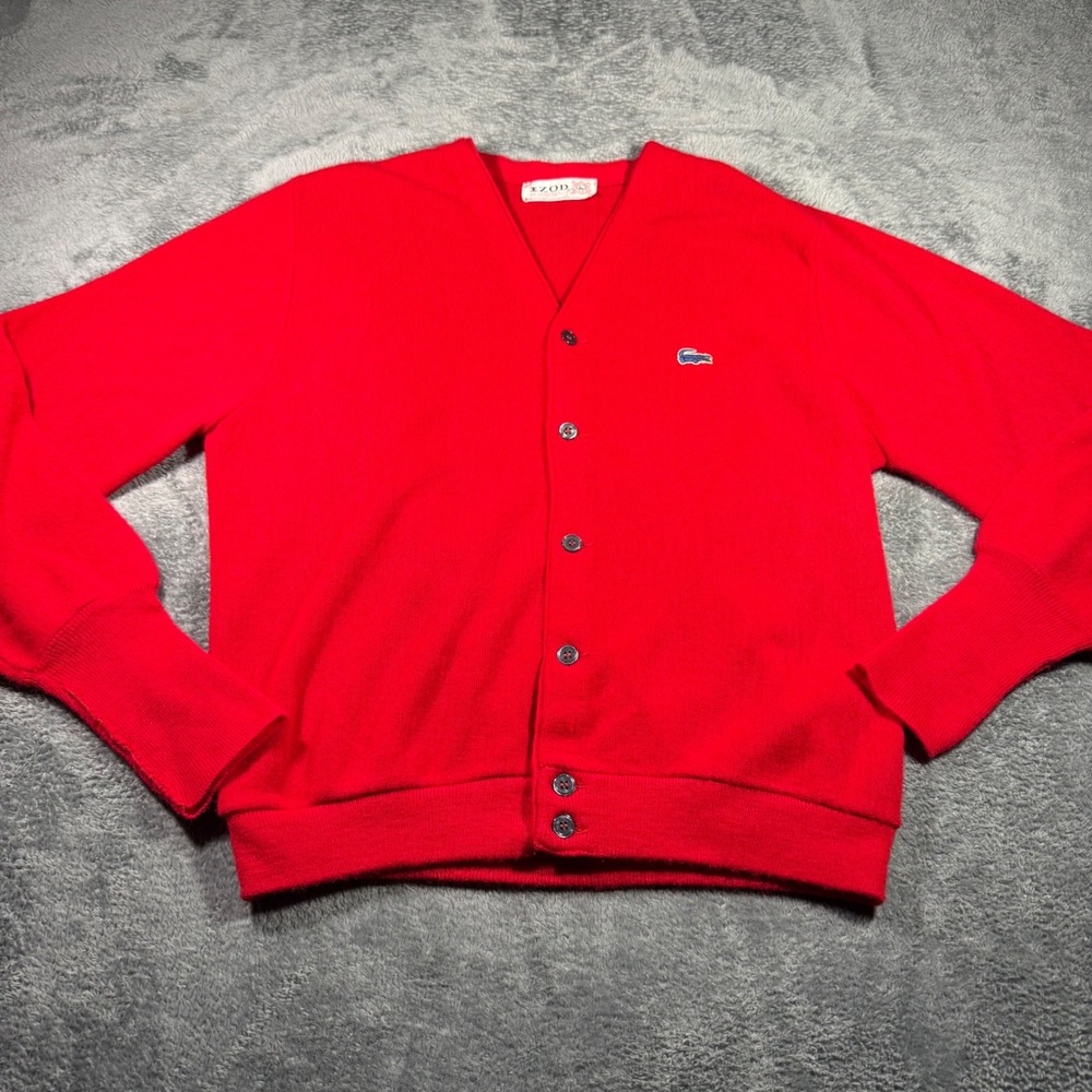 Vintage Izod Lacoste Red V-Neck Cardigan Sweater Mens Large Orlon Acrylic USA